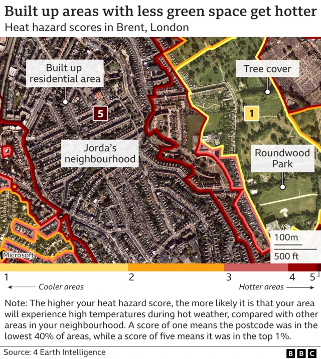 Map of heat hazards areas in Brent, North West London