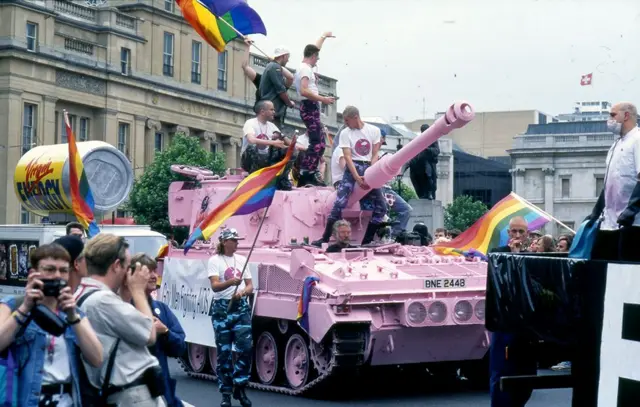 Pink tank in pride march in London