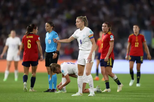 Leah Williamson of England reacts during the UEFA Women's Euro 2022 Quarter Final match between England and Spain at Brighton & Hove Community Stadium on July 20, 2022