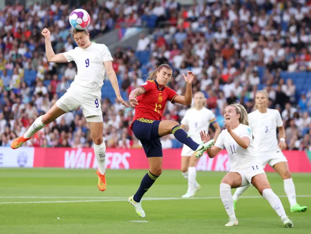 Ellen White of England heads the ball during the UEFA Women's Euro 2022 Quarter Final match between England and Spain at Brighton & Hove Community Stadium
