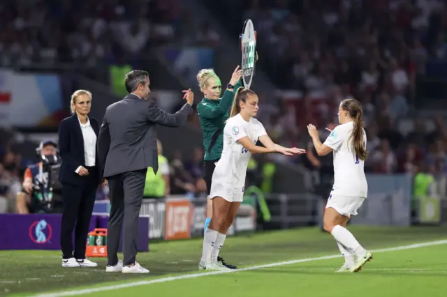 Ella Toone replaces Fran Kirby of England during the UEFA Women's Euro 2022 Quarter Final match between England and Spain at Brighton & Hove Community Stadium on July 20, 2022