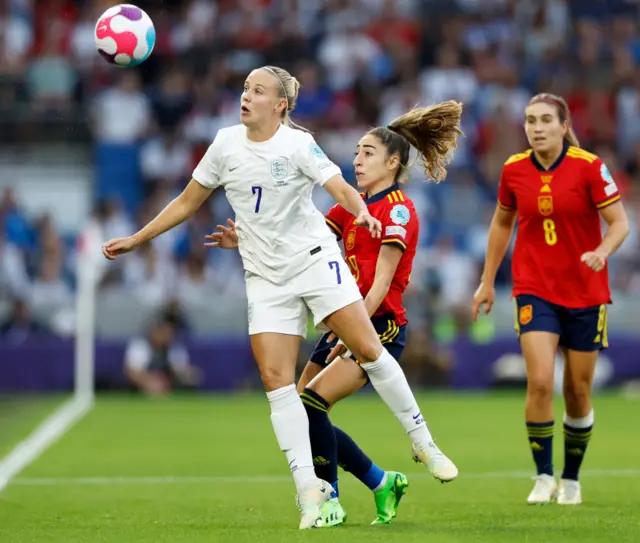 Beth Mead of England battles for possession with Olga Carmona of Spain during the UEFA Women's Euro 2022 Quarter Final match between England and Spain at Brighton & Hove Community Stadium