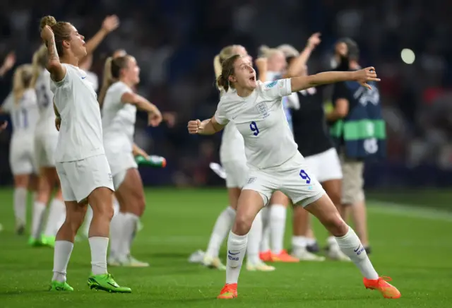 Mary Earps and Millie Bright of England celebrate after their sides victory during the UEFA Women's Euro 2022 Quarter Final match between England and Spain at Brighton & Hove Community Stadium
