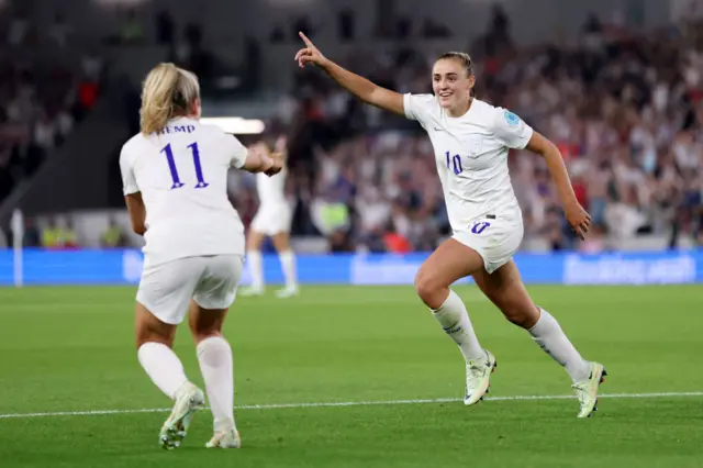 Georgia Stanway of England celebrates after scoring their team's second goal during the UEFA Women's Euro 2022 Quarter Final match between England and Spain at Brighton & Hove Community Stadium