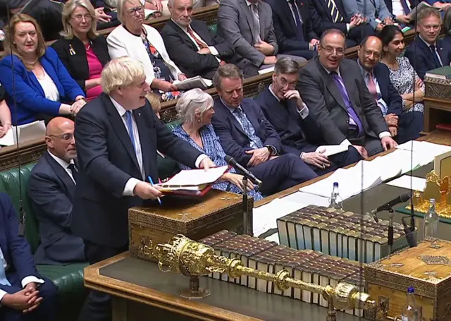 Boris Johnson speaks during his final PMQs as prime minister of the UK