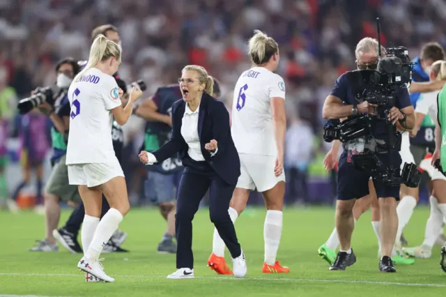 England manager Sarina Wiegman celebrates victory with Alex Greenwood of England after the UEFA Women's Euro England 2022 Quarter Final match between England and Spain at Brighton & Hove Community Stadium