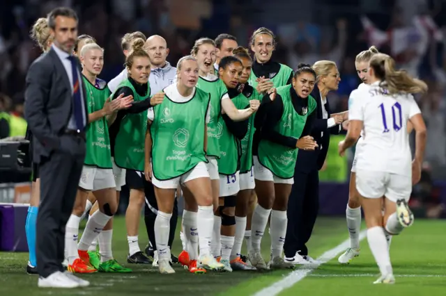 Georgia Stanway of England celebrates with teammates after scoring their team's second goal during the UEFA Women's Euro 2022 Quarter Final match between England and Spain at Brighton & Hove Community Stadium