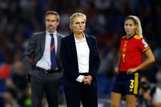 Sarina Wiegman, Manager of England looks on during the UEFA Women's Euro 2022 Quarter Final match between England and Spain at Brighton & Hove Community Stadium on July 20, 2022