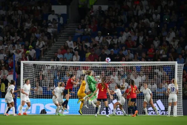 Sandra Panos of Spain jumps for the ball during the UEFA Women's Euro 2022 Quarter Final match between England and Spain at Brighton & Hove Community Stadium on July 20, 2022