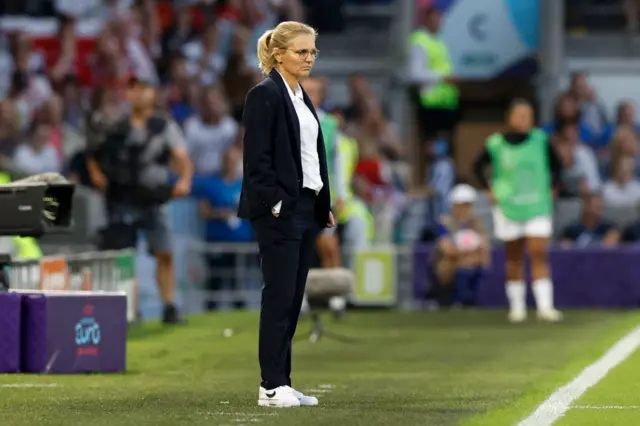 Sarina Wiegman, Manager of England looks on during the UEFA Women's Euro 2022 Quarter Final match between England and Spain at Brighton & Hove Community Stadium