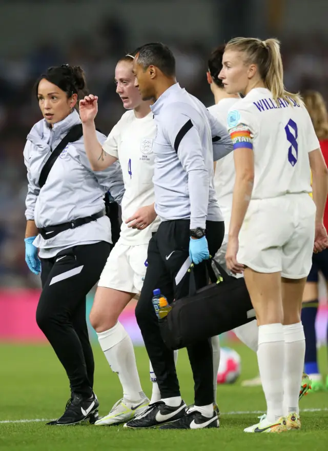 Keira Walsh of England receives medical treatment before being substituted during the UEFA Women's Euro 2022 Quarter Final match between England and Spain at Brighton & Hove Community Stadium