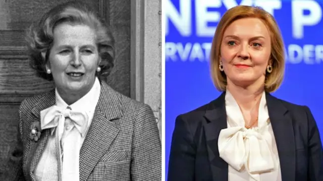 A composite image shows former British PM Margaret Thatcher in 1979, wearing a white shirt with an oversized bow, next to an image of Tory leadership hopeful Liz Truss wearing similar attire