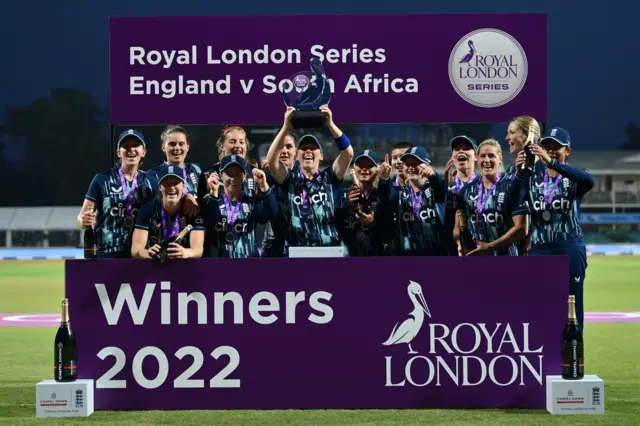 Heather Knight and England celebrate beating South Africa 3-0 in the one-day international series.