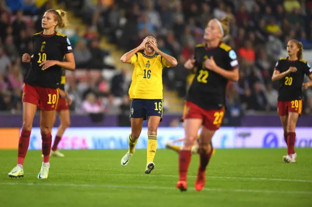 Filippa Angeldal of Sweden reacts after a missed chance during the UEFA Women's Euro 2022 Quarter Final match between Sweden and Belgium at Leigh Sports Village on July 22, 2022