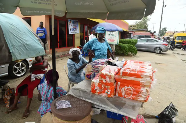 Roadside vendors displays bread for sale at Ketu in Lagos, Nigeria's commercial capital, earlier this year