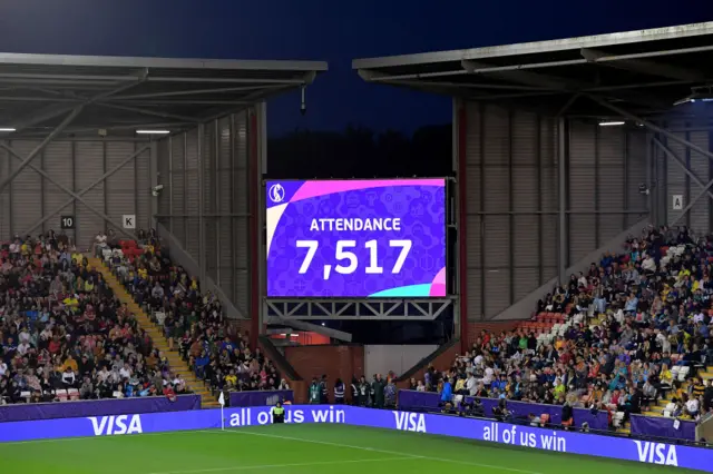 The LED board shows the match day attendance during the UEFA Women's Euro 2022 Quarter Final match between Sweden and Belgium at Leigh Sports Village on July 22, 2022 in Leigh, England.