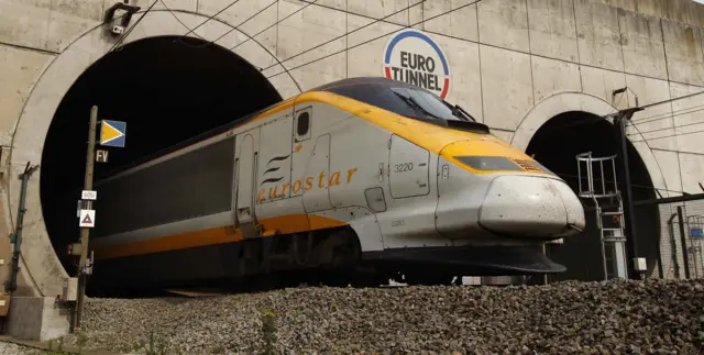 A Eurostar train leaves the Channel Tunnel