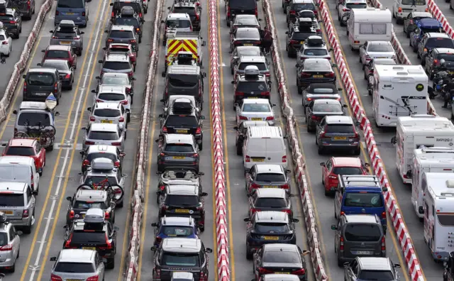 Cars queue at the check-in at the Port of Dover