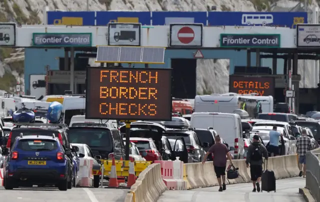 Car queue at the check-in at Dover Port in Kent