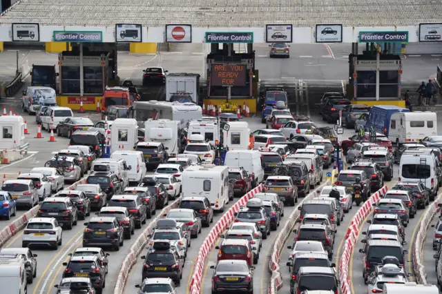 Cars queue at the check-in at the Port of Dover in Kent