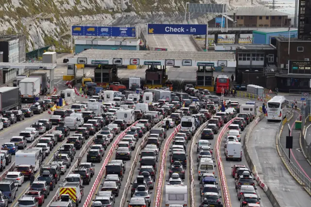 Queues of vehicles wait at the Port of Dover