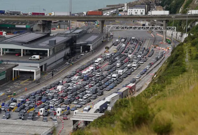 A backlog of cars waits to be checked by border officials at the Port of Dover