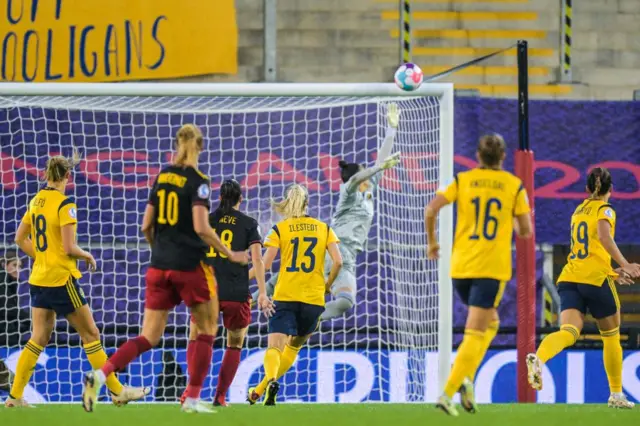 Ball hits the crossbar of Kosovare Asllani of Sweden women during the women's quarterfinal match between Sweden and Belgium on July 21, 2022 in Leigh, England