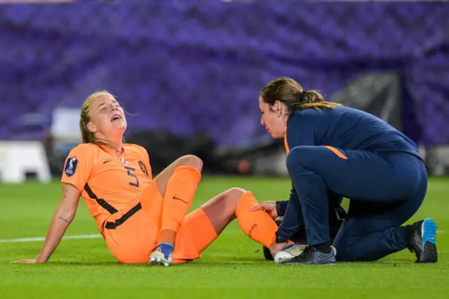 Lynn Wilms of Holland women with an injury during the UEFA Women's EURO England 2022 quarterfinal match between France and the Netherlands at New York Stadium on July 23, 2022 in Rotherham, United Kingdom