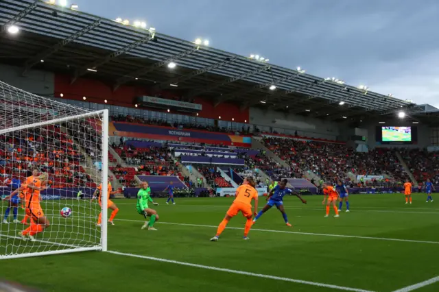 Stefanie van der Gragt of Netherlands Women clears the ball off the line from Malvine Malard of France Women during the UEFA Women's Euro England 2022 Quarter Final match between France and Netherlands at The New York Stadium