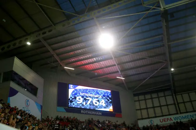 The LED board shows the match day attendance during the UEFA Women's Euro 2022 Quarter Final match between France and Netherlands at The New York Stadium on July 23, 2022 in Rotherham, England