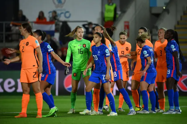 Daphne van Domselaar leaves the goal to join her teammates during the UEFA Women's Euro 2022 quarter final football match between France and Netherlands at the New York Stadium, in Rotherham, on July 23, 2022.