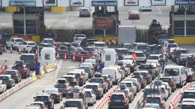 Cars queue at the check-in at the Port of Dover in Kent