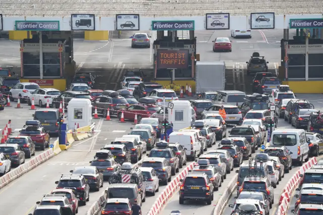 Cars queue at the check-in at the Port of Dover