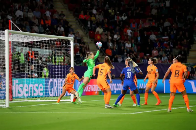 Wendie Renard of France (not pictured) has their header saved by Daphne van Domselaar of The Netherlands during the UEFA Women's Euro 2022 Quarter Final match between France and Netherlands at The New York Stadium on July 23, 2022 in Rotherham, England.