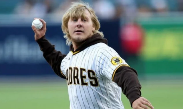 Paddy Pimblett throws the ceremonial first pitch before the game between the San Diego Padres and the Chicago Cubs on 10 May 2022