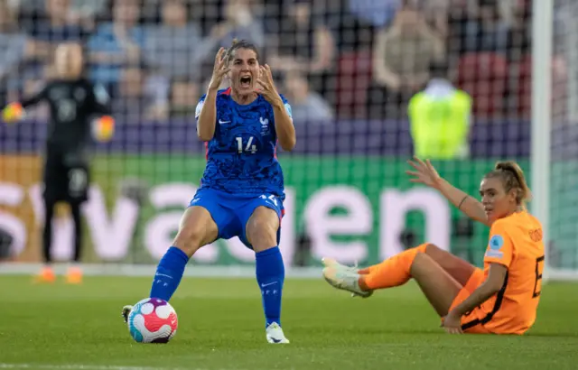 Charlotte Bilbault of France vents her frustration after conceding a free kick during the UEFA Women's Euro England 2022 Quarter Final match between France and Netherlands at The New York Stadium on July 23, 2022 in Rotherham, United Kingdom