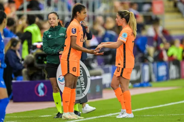 Esmee Brugts of Holland women, Danielle van de Donk of Holland women during the UEFA Women's EURO England 2022 quarterfinal match between France and the Netherlands at New York Stadium on July 23, 2022 in Rotherham, United Kingdom