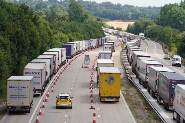 Lorries queuing on the M20 near Ashford in Kent