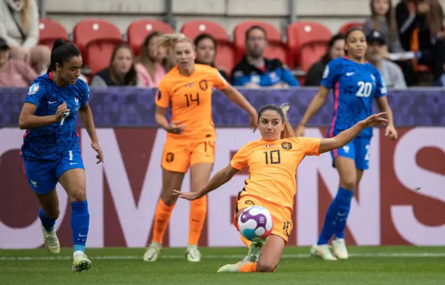 Danielle van de Donk of Netherlands crosses during the UEFA Women's Euro England 2022 Quarter Final match between France and Netherlands at The New York Stadium on July 23, 2022 in Rotherham, United Kingdom.