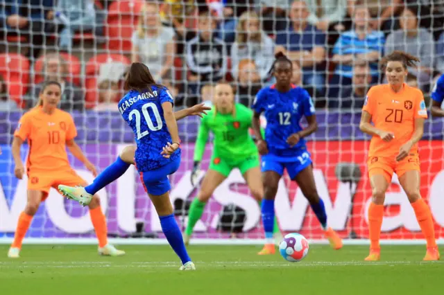 Delphine Cascarino shoots during the UEFA Women's Euro 2022 quarter final football match between France and Netherlands at the New York Stadium, in Rotherham, on July 23, 2022.