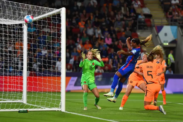 Grace Geyoro of France misses a chance past Daphne van Domselaar of The Netherlands during the UEFA Women's Euro 2022 Quarter Final match between France and Netherlands at The New York Stadium on July 23, 2022 in Rotherham, England