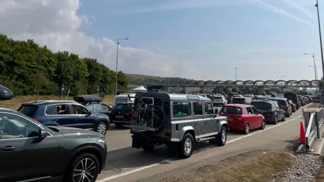 Cars queueing at the Eurotunnel terminal in Folkestone