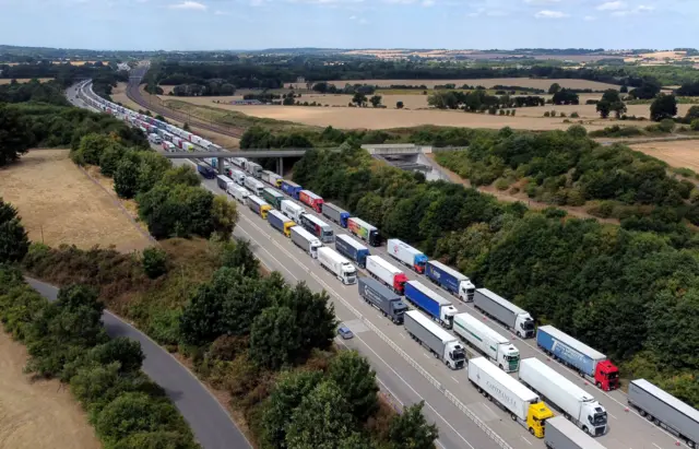 Lorries queuing during Operation Brock on the M20 near Ashford in Kent