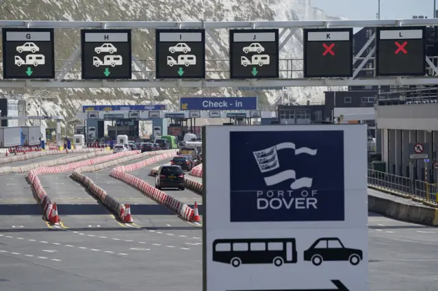 Cars queue at the check-in at the Port of Dover in Kent