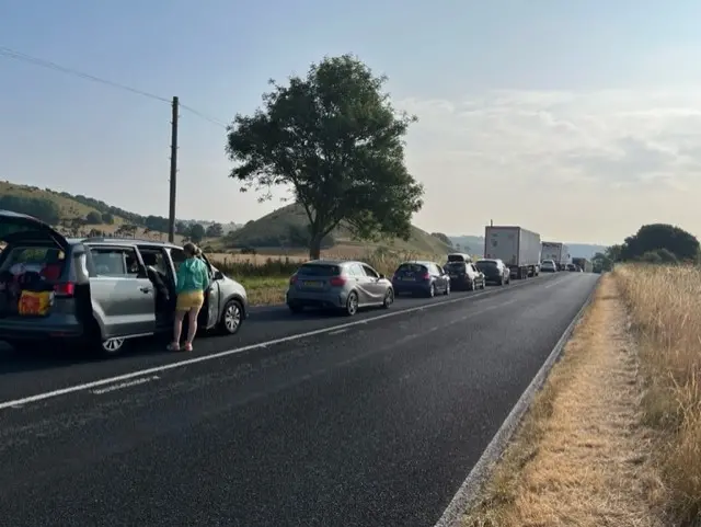 Cars queued on road to Eurotunnel terminal in Folkestone