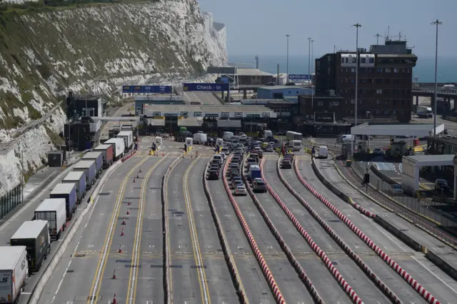 Cars queue at the check-in at the Port of Dover in Kent