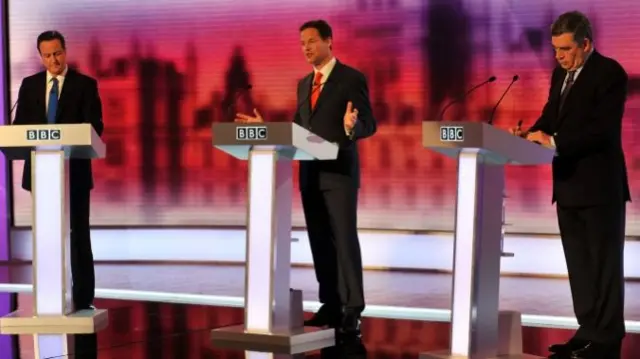 Nick Clegg with David Cameron and Gordon Brown in the BBC's general election debate in 2010