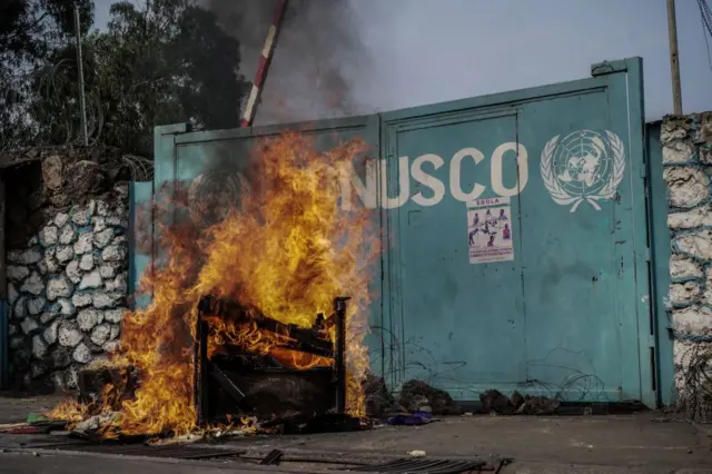 A fire outside Monusco HQ in Goma, DR Congo - 25 July 2022