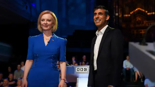 Liz Truss and Rishi Sunak before taking part in the BBC Tory leadership debate live.