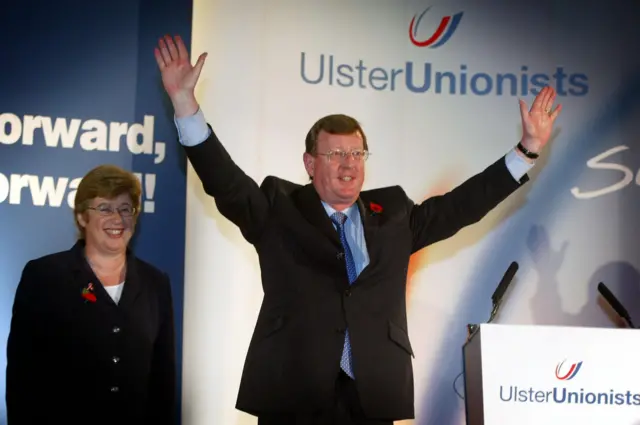 File photo dated 13/11/2004 of Ulster Unionist Leader David Trimble, with wife Daphne, takes the applause at his party's annual conference in Newcastle Co Down.